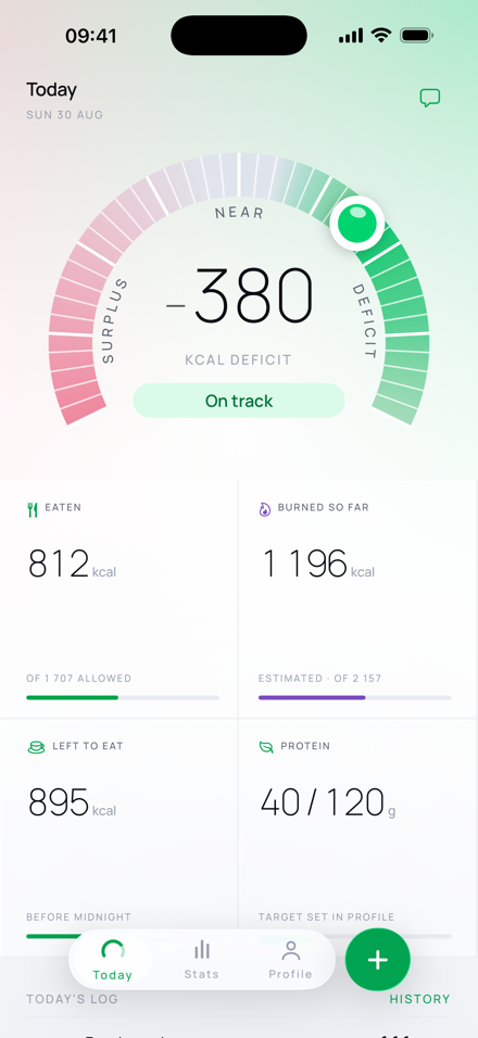 The Today screen. A dial reads 450 kcal deficit and a pill beneath it says On track. Under the dial: BURNED 2 214 of 3 093 kcal, marked estimated; EATEN 1 762 of 2 643 kcal; PROTEIN 89 of 130 g; LEFT TO EAT 881 kcal. Below that, today's log lists running, porridge and banana, each labelled FROM THE LIST.