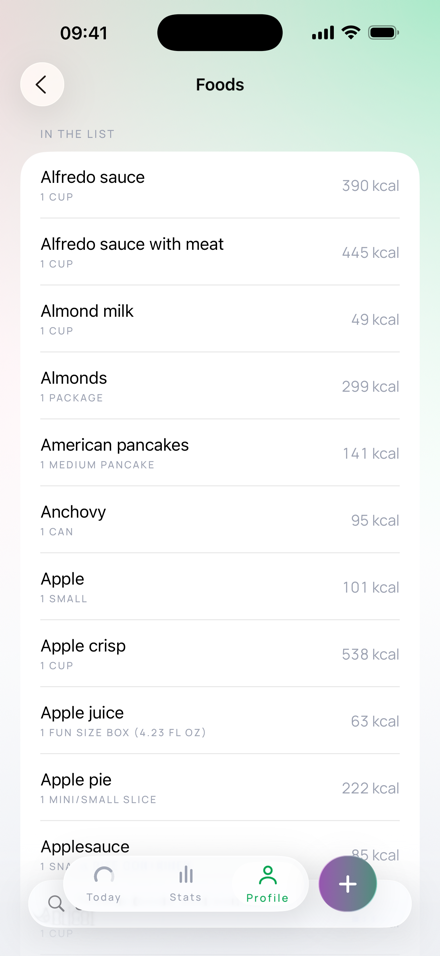 The Foods screen, listing alfredo sauce 390 kcal for 1 cup, alfredo sauce with meat 445, almond milk 49, almonds 299 for 1 package, anchovy 95 for 1 can, apple 101 for 1 small, apple crisp 538, apple juice 63, apple pie 222. A search field at the bottom reads Search foods and activities.