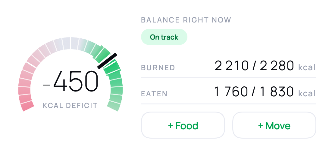 The medium widget: the dial beside BALANCE RIGHT NOW, an On track pill, BURNED 2 210 of 2 280 kcal, EATEN 1 760 of 1 830 kcal, and two buttons, plus Food and plus Move.
